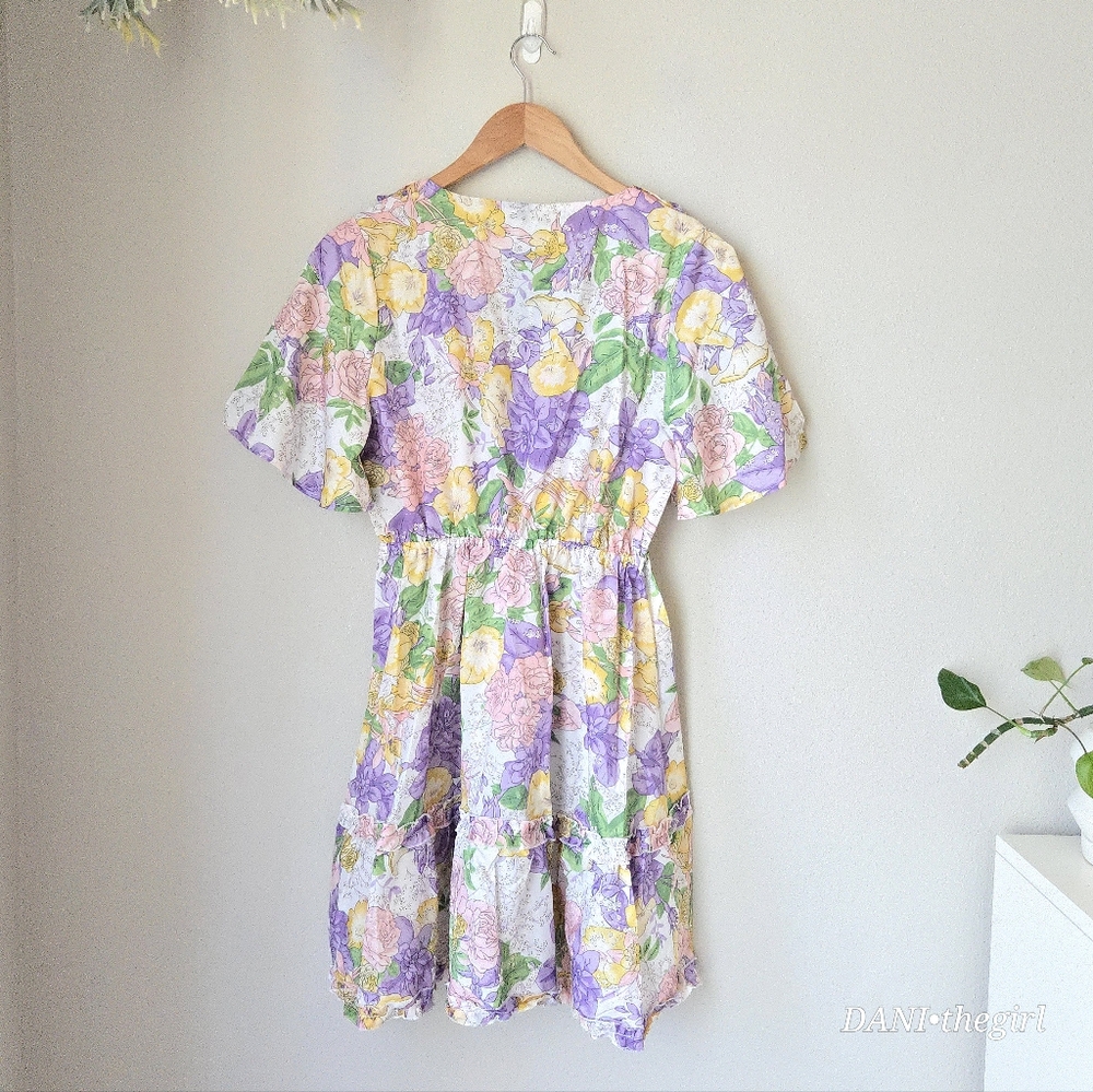 Floral Plunge Neck Tie Front Flutter Sleeve Ruffle Trim Dress - Picture 5 of 14